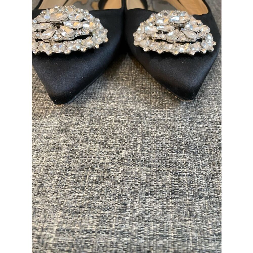 Badgley Mischka Black Satin Pointed Toe Flats with Crystal Medallion Women’s  8 - Picture 3 of 9
